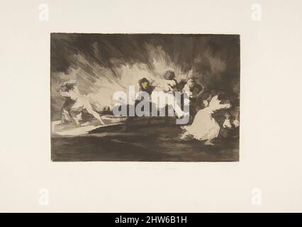 Kunst inspiriert von Plate 41 aus 'die Katastrophen des Krieges' (Los Desastres de La Guerra): 'Sie entfliehen durch die Flammen' (Escapan entre las llamas), 1810 (veröffentlicht 1863), Radierung und Burin, Plate: 6 1/4 × 9 3/16 in. (15,9 × 23,4 cm), Drucke, Goya (Francisco de Goya y Lucientes) (Spanisch, Klassisches Werk, das von Artotop mit einem Schuss Moderne modernisiert wurde. Formen, Farbe und Wert, auffällige visuelle Wirkung auf Kunst. Emotionen durch Freiheit von Kunstwerken auf zeitgemäße Weise. Eine zeitlose Botschaft, die eine wild kreative neue Richtung verfolgt. Künstler, die sich dem digitalen Medium zuwenden und die Artotop NFT erschaffen Stockfoto