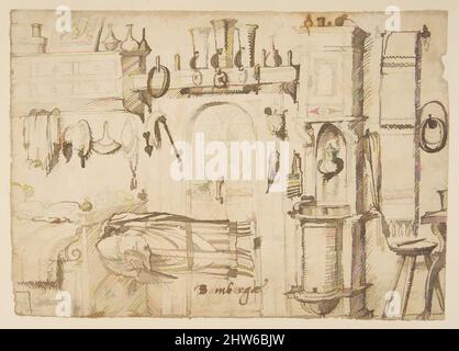 Kunst inspiriert von Arbeitsblättern mit Skizzen von Innenräumen, Tieren, Skulpturen, Figuren, Notizen, 16. Century, Stift und braune Tinte, jedes Blatt: 4 5/16 x 6 1/8 Zoll (11 x 15,5 cm), Zeichnungen, Anonym, deutsch, 16. Jahrhundert, Bamberg, Klassisches Werk, modernisiert von Artotop mit einem Schuss Moderne. Formen, Farbe und Wert, auffällige visuelle Wirkung auf Kunst. Emotionen durch Freiheit von Kunstwerken auf zeitgemäße Weise. Eine zeitlose Botschaft, die eine wild kreative neue Richtung verfolgt. Künstler, die sich dem digitalen Medium zuwenden und die Artotop NFT erschaffen Stockfoto