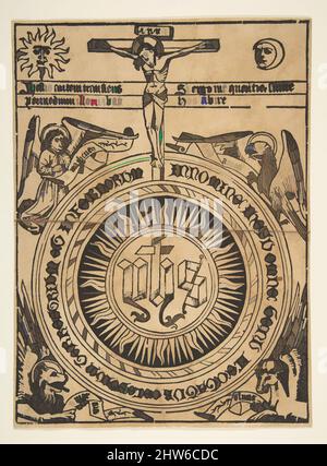 Kunst inspiriert vom Heiligen Monogramm mit den Symbolen der Evangelisten und der Kreuzigung (Schr. 1812), 15. Jahrhundert, Holzschnitt, Blatt: 10 5/16 x 7 11/16 Zoll (26,2 x 19,6 cm), Abzüge, Anonym, deutsch, 15. Jahrhundert, Klassische Werke, die von Artotop mit einem Hauch von Moderne modernisiert wurden. Formen, Farbe und Wert, auffällige visuelle Wirkung auf Kunst. Emotionen durch Freiheit von Kunstwerken auf zeitgemäße Weise. Eine zeitlose Botschaft, die eine wild kreative neue Richtung verfolgt. Künstler, die sich dem digitalen Medium zuwenden und die Artotop NFT erschaffen Stockfoto