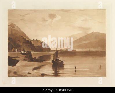 Kunst inspiriert von Inverary Pier, Loch Fyne, Morning (Liber Studiorum, Teil VII, Platte 35), 1. Juni 1811, Radierung, Aquatinta und Mezzotinta; vierter Zustand von sechs (Finberg), Platte: 7 1/16 x 10 3/8 Zoll (17,9 x 26,4 cm), Drucke, destillierte Turner seine Vorstellungen von Landschaft in 'Liber Studiorum' (, Klassische Werke, die von Artotop mit einem Schuss Moderne modernisiert wurden. Formen, Farbe und Wert, auffällige visuelle Wirkung auf Kunst. Emotionen durch Freiheit von Kunstwerken auf zeitgemäße Weise. Eine zeitlose Botschaft, die eine wild kreative neue Richtung verfolgt. Künstler, die sich dem digitalen Medium zuwenden und die Artotop NFT erschaffen Stockfoto