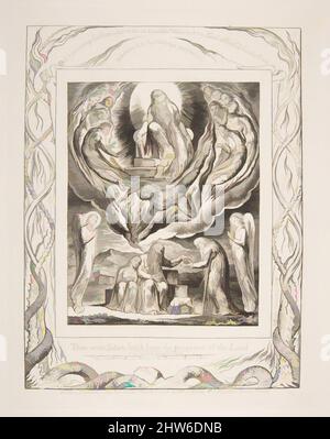 Kunst, inspiriert vom Aufgehen Satans vor der Gegenwart des Herrn, aus Illustrationen des Buches Hiob, 1825–26, Gravur, Tafel: 8 7/16 x 6 5/8 Zoll (21,4 x 16,8 cm), Drucke, William Blake (British, London 1757–1827 London, Klassische Werke, die von Artotop mit einem Schuss Moderne modernisiert wurden. Formen, Farbe und Wert, auffällige visuelle Wirkung auf Kunst. Emotionen durch Freiheit von Kunstwerken auf zeitgemäße Weise. Eine zeitlose Botschaft, die eine wild kreative neue Richtung verfolgt. Künstler, die sich dem digitalen Medium zuwenden und die Artotop NFT erschaffen Stockfoto