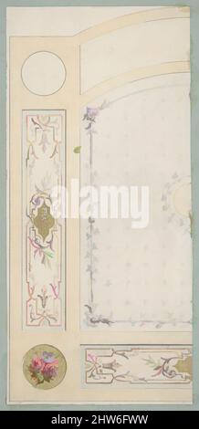 Von Design inspirierte Kunst für die gemalte Dekoration von Wand- oder Deckenplatten, einschließlich des Wortes „Frascati“, zweite Hälfte des 19.. Jahrhunderts, Stift und Tinte, Aquarell und Goldfarbe, Blatt: 8 3/4 x 4 1/8 Zoll (22,2 x 10,5 cm), Zeichnungen, Jules-Edmond-Charles Lachaise (französisch, gestorben 1897), Eugène-, Klassische Werke, die von Artotop mit einem Hauch von Moderne modernisiert wurden. Formen, Farbe und Wert, auffällige visuelle Wirkung auf Kunst. Emotionen durch Freiheit von Kunstwerken auf zeitgemäße Weise. Eine zeitlose Botschaft, die eine wild kreative neue Richtung verfolgt. Künstler, die sich dem digitalen Medium zuwenden und die Artotop NFT erschaffen Stockfoto