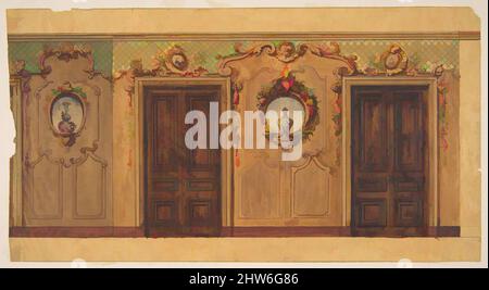 Von Design inspirierte Kunst für einen Raum mit Doppeltüren, verziert mit Girlanden aus Früchten und Blumen, Schriftrollen und Gitterarbeiten, 1830–97, Stift und Tinte und Aquarell auf Pauspapier; montiert auf schwerem Gewobelpapier, insgesamt: 9 1/2 x 12 5/16 Zoll (24,2 x 31,2 cm), Zeichnungen, Jules-Edmond-Charles, Klassische Werke, die von Artotop mit einem Schuss Moderne modernisiert wurden. Formen, Farbe und Wert, auffällige visuelle Wirkung auf Kunst. Emotionen durch Freiheit von Kunstwerken auf zeitgemäße Weise. Eine zeitlose Botschaft, die eine wild kreative neue Richtung verfolgt. Künstler, die sich dem digitalen Medium zuwenden und die Artotop NFT erschaffen Stockfoto