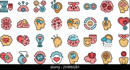 Symbole für emotionale Intelligenz legen einen Umrissvektor fest. Kontrollendes Gefühl. Innen arbeiten Stock Vektor