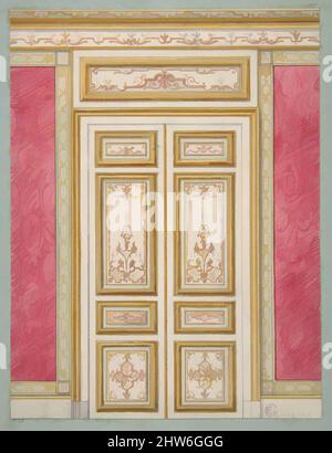 Art Inspired by Design für Doppeltüren im Rococco-Stil, 1867, Graphit, Stift und Tinte, Aquarell und Goldfarbe auf gewonbenem Papier; auf blauem Papier montiert, insgesamt: 14 3/4 x 10 3/8 Zoll (37,4 x 26,4 cm), Zeichnungen, Jules-Edmond-Charles Lachaise (französisch, gestorben 1897), Eugène-Pierre, Klassische Werke, die von Artotop mit einem Hauch von Moderne modernisiert wurden. Formen, Farbe und Wert, auffällige visuelle Wirkung auf Kunst. Emotionen durch Freiheit von Kunstwerken auf zeitgemäße Weise. Eine zeitlose Botschaft, die eine wild kreative neue Richtung verfolgt. Künstler, die sich dem digitalen Medium zuwenden und die Artotop NFT erschaffen Stockfoto