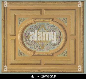 Von Design inspirierte Kunst für eine Decke mit Bändern aus Eichenblättern und einer zentralen Tafel aus Rollen und Rinzeaux, 1830–97, Aquarell-, Gouache- und Goldfarbe über Graphit auf Gewebspapier; in blauem Gewebspapier eingelegt, Gesamtwert: 19 5/8 x 13 5/8 Zoll (49,8 x 34,6 cm), Zeichnungen, Jules-, Klassische Werke, die von Artotop mit einem Schuss Moderne modernisiert wurden. Formen, Farbe und Wert, auffällige visuelle Wirkung auf Kunst. Emotionen durch Freiheit von Kunstwerken auf zeitgemäße Weise. Eine zeitlose Botschaft, die eine wild kreative neue Richtung verfolgt. Künstler, die sich dem digitalen Medium zuwenden und die Artotop NFT erschaffen Stockfoto