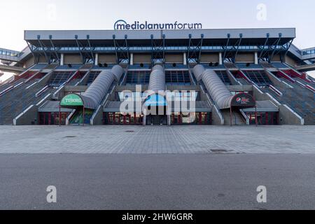 Mailand, Italien - märz 3 2022 - Außenansicht der Arena Mediolanum Forum in Assago Mailand Stockfoto