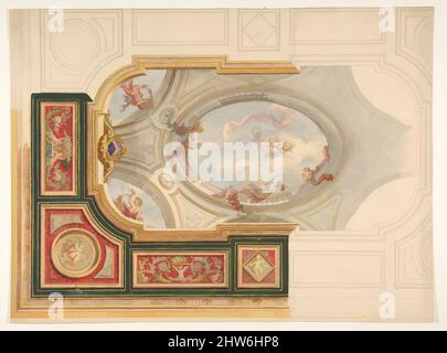 Kunst inspiriert von Design für eine Decke im Barockstil mit einem zentralen Panel in Trompe l'oeil, 19. Jahrhundert, Graphit, Stift und Tinte, Aquarell, Wash und Goldfarbe, Zeichnungen, Jules-Edmond-Charles Lachaise (französisch, gestorben 1897), Eugène-Pierre Gourdet (Französisch, geboren in Paris, 1820, Klassische Werke, die von Artotop mit einem Schuss Moderne modernisiert wurden. Formen, Farbe und Wert, auffällige visuelle Wirkung auf Kunst. Emotionen durch Freiheit von Kunstwerken auf zeitgemäße Weise. Eine zeitlose Botschaft, die eine wild kreative neue Richtung verfolgt. Künstler, die sich dem digitalen Medium zuwenden und die Artotop NFT erschaffen Stockfoto