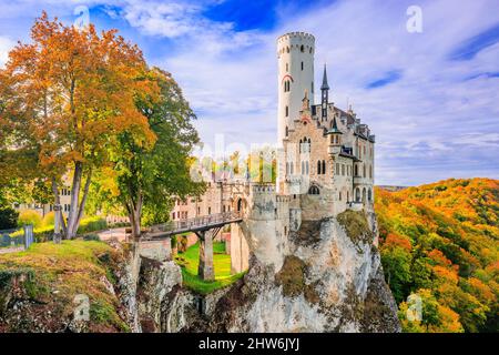 Schloss Lichtenstein, Deutschland. Baden-Württemberg Land in den Schwäbischen Alpen. Stockfoto