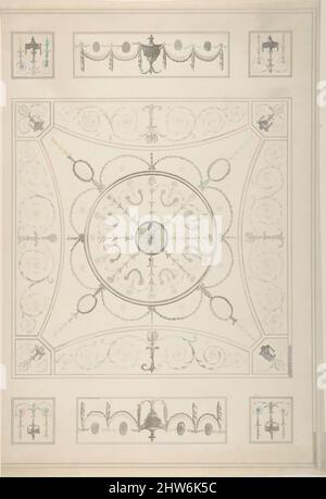 Art Inspired by Design for an Oblong Ceiling with an Oval Center, 18.–19. Century, Stift und Tinte, Blatt: 13 9/16 x 17 Zoll (34,4 x 43,2 cm), zugeschrieben James Wyatt (British, Weeford, Stafforshire 1746–1813 bei Marlborough, Wiltshire, Klassische Werke, die von Artotop mit einem Schuss Moderne modernisiert wurden. Formen, Farbe und Wert, auffällige visuelle Wirkung auf Kunst. Emotionen durch Freiheit von Kunstwerken auf zeitgemäße Weise. Eine zeitlose Botschaft, die eine wild kreative neue Richtung verfolgt. Künstler, die sich dem digitalen Medium zuwenden und die Artotop NFT erschaffen Stockfoto