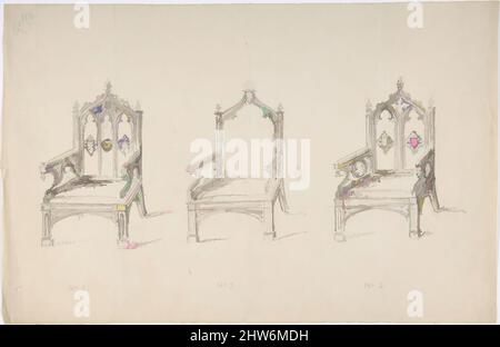 Art Inspired by Design für drei Low Gothic Style Armstühle, Anfang 19.. Jahrhundert, Stift und Tinte, Blatt: 8 1/16 x 12 9/16 Zoll (20,5 x 31,9 cm), Anonymous, British, 19. Century, Klassische Werke, die von Artotop mit einem Schuss Moderne modernisiert wurden. Formen, Farbe und Wert, auffällige visuelle Wirkung auf Kunst. Emotionen durch Freiheit von Kunstwerken auf zeitgemäße Weise. Eine zeitlose Botschaft, die eine wild kreative neue Richtung verfolgt. Künstler, die sich dem digitalen Medium zuwenden und die Artotop NFT erschaffen Stockfoto