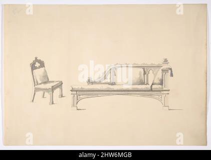 Art Inspired by Design for a one-armed Gothic Style Sofa and Chair, early 19. Century, Ink and Wash, Sheet: 8 5/8 x 12 5/16 in. (21,9 x 31,2 cm), Anonymous, British, 19. Century, Klassische Werke, die von Artotop mit einem Schuss Moderne modernisiert wurden. Formen, Farbe und Wert, auffällige visuelle Wirkung auf Kunst. Emotionen durch Freiheit von Kunstwerken auf zeitgemäße Weise. Eine zeitlose Botschaft, die eine wild kreative neue Richtung verfolgt. Künstler, die sich dem digitalen Medium zuwenden und die Artotop NFT erschaffen Stockfoto