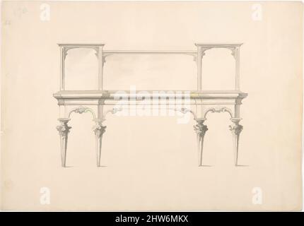 Art Inspired by Design for a Mirrored Sideboard with spitz Legs and Floral Ornament, Early 19. Century, Ink and Wash, Sheet: 8 9/16 x 12 1/4 in. (21,7 x 31,1 cm), Anonymous, British, 19. Century, Klassische Werke, die von Artotop mit einem Schuss Moderne modernisiert wurden. Formen, Farbe und Wert, auffällige visuelle Wirkung auf Kunst. Emotionen durch Freiheit von Kunstwerken auf zeitgemäße Weise. Eine zeitlose Botschaft, die eine wild kreative neue Richtung verfolgt. Künstler, die sich dem digitalen Medium zuwenden und die Artotop NFT erschaffen Stockfoto