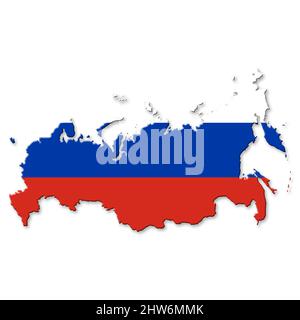 Konturkarte von Russland mit überlagerter russischer Flagge auf Weiß Stockfoto