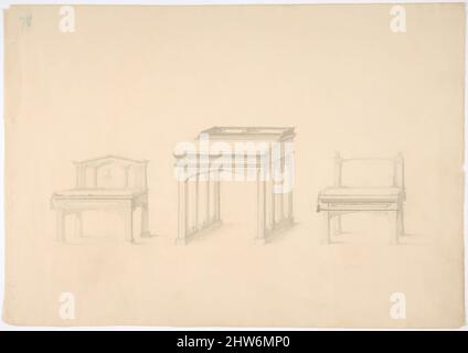 Von Design inspirierte Kunst für einen gotischen Schreibtisch und zwei niedrige Stühle, Anfang 19. Jahrhundert, Graphit, Blatt: 8 11/16 x 12 5/16 Zoll (22 x 31,2 cm), Anonymous, British, 19. Century, Klassische Werke, die von Artotop mit einem Schuss Moderne modernisiert wurden. Formen, Farbe und Wert, auffällige visuelle Wirkung auf Kunst. Emotionen durch Freiheit von Kunstwerken auf zeitgemäße Weise. Eine zeitlose Botschaft, die eine wild kreative neue Richtung verfolgt. Künstler, die sich dem digitalen Medium zuwenden und die Artotop NFT erschaffen Stockfoto