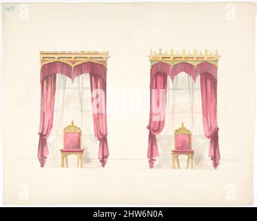 Art Inspired by Design for Two Red Franged Curtains with Gold Pelmets, Early 19. Century, Tinte, Aquarell und Wash, Blatt: 9 7/16 x 11 7/8 Zoll (24 x 30,1 cm), Anonymous, British, 19. Century, Klassische Werke, die von Artotop mit einem Schuss Moderne modernisiert wurden. Formen, Farbe und Wert, auffällige visuelle Wirkung auf Kunst. Emotionen durch Freiheit von Kunstwerken auf zeitgemäße Weise. Eine zeitlose Botschaft, die eine wild kreative neue Richtung verfolgt. Künstler, die sich dem digitalen Medium zuwenden und die Artotop NFT erschaffen Stockfoto