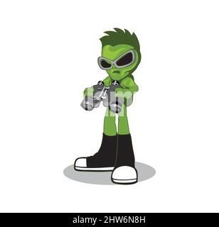 Grüne Alien-Charakter trägt Schuhe, Rucksack und Sonnenglas hält Fernglas Design Illustration Vektor eps-Format , geeignet für Ihre Design-Bedürfnisse, Stock Vektor