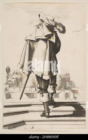 Von Gentleman inspirierte Kunst in einem Cape und geplumtem Hut von hinten gesehen, 1629, Radierung; erster Zustand von zwei, Blatt (getrimmt): 5 9/16 × 3 5/8 Zoll (14,2 × 9,2 cm), Drucke, Abraham Bosse (Französisch, Tours 1602/1604–1676 Paris), After Jean de Saint-Igny (Französisch, Rouen ca. 1595/1600–1647 Paris, Classic Works modernisiert von Artotop mit einem Schuss Moderne. Formen, Farbe und Wert, auffällige visuelle Wirkung auf Kunst. Emotionen durch Freiheit von Kunstwerken auf zeitgemäße Weise. Eine zeitlose Botschaft, die eine wild kreative neue Richtung verfolgt. Künstler, die sich dem digitalen Medium zuwenden und die Artotop NFT erschaffen Stockfoto