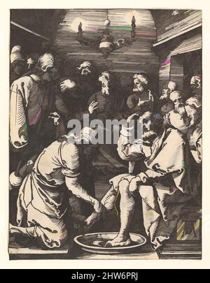 Kunst inspiriert von Christus Waschen die Füße der Jünger, aus der kleinen Passion, ca. 1508, Holzschnitt, Blatt: 5 1/16 x 3 7/8 Zoll (12,8 x 9,8 cm), Drucke, Albrecht Dürer (deutsch, Nürnberg 1471–1528 Nürnberg, Klassische Werke, die von Artotop mit einem Schuss Moderne modernisiert wurden. Formen, Farbe und Wert, auffällige visuelle Wirkung auf Kunst. Emotionen durch Freiheit von Kunstwerken auf zeitgemäße Weise. Eine zeitlose Botschaft, die eine wild kreative neue Richtung verfolgt. Künstler, die sich dem digitalen Medium zuwenden und die Artotop NFT erschaffen Stockfoto