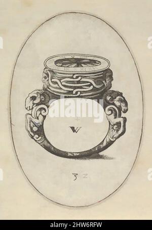 Kunst inspiriert von Design für eine Ringuhr, von Livre d'Aneaux d'Orfevrerie, 1561, Gravur, Platte: 2 11/16 x 1 7/8 Zoll (6,8 x 4,7 cm), Tafel 32 ist aus einem Buch mit vierzig Designs für Ringe des Goldschmieds und Kupferstechers Woeiriot, veröffentlicht in Lyon, Frankreich, nachdem Woeiriot nach Frankreich zurückgekehrt war, Klassisches Werk, das von Artotop mit einem Schuss Moderne modernisiert wurde. Formen, Farbe und Wert, auffällige visuelle Wirkung auf Kunst. Emotionen durch Freiheit von Kunstwerken auf zeitgemäße Weise. Eine zeitlose Botschaft, die eine wild kreative neue Richtung verfolgt. Künstler, die sich dem digitalen Medium zuwenden und die Artotop NFT erschaffen Stockfoto