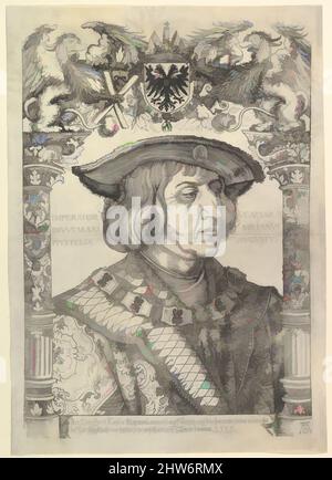 Kunst inspiriert vom Porträt Kaiser Maximilians I. in einem architektonischen Rahmen (Kopie), n.d., Holzschnitt, Blatt: 22 7/8 x 16 1/16 Zoll (58,1 x 40,8 cm), Drucke, Hans Weiditz der Jüngere (deutsch, Freiburg im Breisgau vor 1500–ca. 1536 Straßburg), nach Albrecht Dürer (deutsch, Nürnberg, Klassische Werke, die von Artotop mit einem Schuss Moderne modernisiert wurden. Formen, Farbe und Wert, auffällige visuelle Wirkung auf Kunst. Emotionen durch Freiheit von Kunstwerken auf zeitgemäße Weise. Eine zeitlose Botschaft, die eine wild kreative neue Richtung verfolgt. Künstler, die sich dem digitalen Medium zuwenden und die Artotop NFT erschaffen Stockfoto