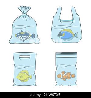 Set mit Illustrationen mit Fisch in Plastiktüten. Isolierte Vektorobjekte auf weißem Hintergrund. Stock Vektor