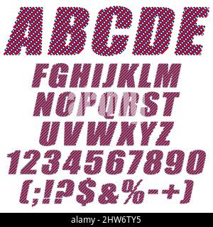 Alphabet, Buchstaben, Zahlen und Zeichen von Streifen mit der amerikanischen Flagge, Sterne. Isolierte Vektorobjekte auf weißem Hintergrund. Stock Vektor