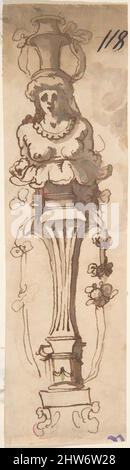Art Inspired by Design for A Female Term Carrying a Vase (recto); Sketch of Draped Male (verso), 17. Century, Pen and Brown ink, brush and Brown wash, over traces of Red Chalk (recto); Pen and Brown ink (verso), Sheet: 6 5/8 x 1 7/8 in. (16,8 x 4,7 cm), Anonym, Italienisch, 17. Jahrhundert, Klassische Werke, die von Artotop mit einem Schuss Moderne modernisiert wurden. Formen, Farbe und Wert, auffällige visuelle Wirkung auf Kunst. Emotionen durch Freiheit von Kunstwerken auf zeitgemäße Weise. Eine zeitlose Botschaft, die eine wild kreative neue Richtung verfolgt. Künstler, die sich dem digitalen Medium zuwenden und die Artotop NFT erschaffen Stockfoto