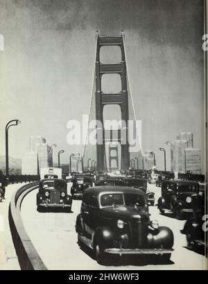 Starker Verkehr, der die Brücke von der Golden Gate Bridge überquert; Bericht des Chefingenieurs an das Board of Directors des Golden Gate Bridge and Highway District, Kalifornien, September 1937 Stockfoto