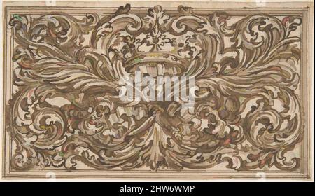 Art Inspired by Design for a Panel Decorated with A Bundle of Foliage, A Crown and a Shell, 18. Century, Ink and Brown wash, 2-3/4 x 4-3/4 in, Anonymous, Italiana, 18. Century, Klassische Werke, die von Artotop mit einem Schuss Moderne modernisiert wurden. Formen, Farbe und Wert, auffällige visuelle Wirkung auf Kunst. Emotionen durch Freiheit von Kunstwerken auf zeitgemäße Weise. Eine zeitlose Botschaft, die eine wild kreative neue Richtung verfolgt. Künstler, die sich dem digitalen Medium zuwenden und die Artotop NFT erschaffen Stockfoto