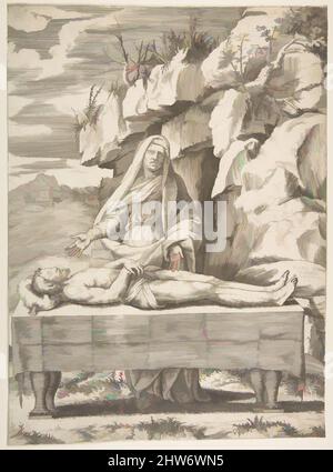 Von Pieta inspirierte Kunst, Christus streckte sich auf einem Tisch in einer Landschaft, die Jungfrau steht hinter offenen Armen, 1531–76, Gravur, Blatt: 13 5/16 x 9 5/8 Zoll (33,8 x 24,5 cm), Drucke, Giulio Bonasone (Italienisch, aktiv in Rom und Bologna, 1531–nach 1576), nach Raphael (Rafaello Sanzio OR, Klassische Werke, die von Artotop mit einem Schuss Moderne modernisiert wurden. Formen, Farbe und Wert, auffällige visuelle Wirkung auf Kunst. Emotionen durch Freiheit von Kunstwerken auf zeitgemäße Weise. Eine zeitlose Botschaft, die eine wild kreative neue Richtung verfolgt. Künstler, die sich dem digitalen Medium zuwenden und die Artotop NFT erschaffen Stockfoto