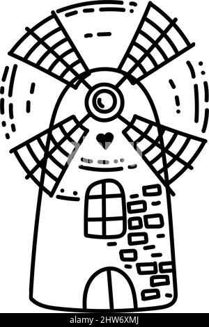 Mill, ein handgezeichnetes Element im Doodle-Stil. Eine Struktur zum Mahlen von Getreide. Weizenmühle. Alte Architektur. Einfacher Linienstil-Vektor für Logos, Symbole und e Stock Vektor