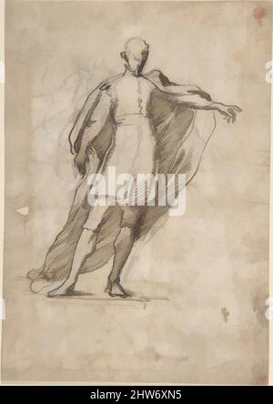 Art Inspired by Sketch of a Standing Male Figure Wearing a Cape, 1800–1900, Black Chalk and Pen and Sepia, 8-1/4 x 5-3/4 in, Zeichnungen, Anonym, italienisch, Anfang 19. Jahrhundert, Klassische Werke, die von Artotop mit einem Hauch von Moderne modernisiert wurden. Formen, Farbe und Wert, auffällige visuelle Wirkung auf Kunst. Emotionen durch Freiheit von Kunstwerken auf zeitgemäße Weise. Eine zeitlose Botschaft, die eine wild kreative neue Richtung verfolgt. Künstler, die sich dem digitalen Medium zuwenden und die Artotop NFT erschaffen Stockfoto