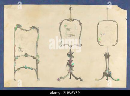 Art Inspired by Fire Screens, in Chippendale Drawings, Vol. I, ca. 1753–54, schwarze Tinte, graue Tinte und graue Wäsche, Blatt: 7 13/16 x 11 11/16 Zoll (19,8 x 29,7 cm), Thomas Chippendale (Brite, Getaufte Otley, West Yorkshire 1718–1779 London, Klassische Werke, die von Artotop mit einem Schuss Moderne modernisiert wurden. Formen, Farbe und Wert, auffällige visuelle Wirkung auf Kunst. Emotionen durch Freiheit von Kunstwerken auf zeitgemäße Weise. Eine zeitlose Botschaft, die eine wild kreative neue Richtung verfolgt. Künstler, die sich dem digitalen Medium zuwenden und die Artotop NFT erschaffen Stockfoto