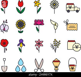 Garten Blumen und Feldblumen Icon Set. Isolierte Vektorsymbole. Home Gartenarbeit, Blumengeschäft und Blumen Lieferung Stock Vektor