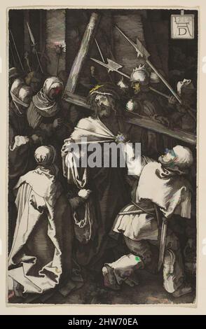 Kunst inspiriert von Christus, der das Kreuz trägt, aus der Passion, 1512, Gravur, Blatt: 4 5/8 in. × 3 Zoll (11,8 × 7,6 cm), Drucke, Albrecht Dürer (deutsch, Nürnberg 1471–1528 Nürnberg, Klassische Werke, die von Artotop mit einem Schuss Moderne modernisiert wurden. Formen, Farbe und Wert, auffällige visuelle Wirkung auf Kunst. Emotionen durch Freiheit von Kunstwerken auf zeitgemäße Weise. Eine zeitlose Botschaft, die eine wild kreative neue Richtung verfolgt. Künstler, die sich dem digitalen Medium zuwenden und die Artotop NFT erschaffen Stockfoto