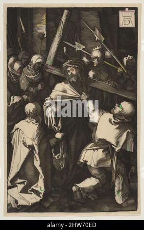 Kunst inspiriert von Christus, der das Kreuz trägt, aus der Passion, 1512, Gravur, Blatt: 4 3/4 × 3 1/16 in. (12 × 7,8 cm), Drucke, Albrecht Dürer (deutsch, Nürnberg 1471–1528 Nürnberg, Klassische Werke, die von Artotop mit einem Schuss Moderne modernisiert wurden. Formen, Farbe und Wert, auffällige visuelle Wirkung auf Kunst. Emotionen durch Freiheit von Kunstwerken auf zeitgemäße Weise. Eine zeitlose Botschaft, die eine wild kreative neue Richtung verfolgt. Künstler, die sich dem digitalen Medium zuwenden und die Artotop NFT erschaffen Stockfoto