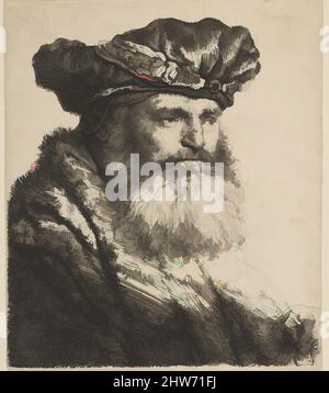 Art Inspired by Bearded man in a Velvet Cap with a Jewel Clasp, 1637, Radierung, Drucke, Rembrandt (Rembrandt van Rijn) (Niederländisch, Leiden 1606–1669 Amsterdam, Klassische Werke, die von Artotop mit einem Schuss Moderne modernisiert wurden. Formen, Farbe und Wert, auffällige visuelle Wirkung auf Kunst. Emotionen durch Freiheit von Kunstwerken auf zeitgemäße Weise. Eine zeitlose Botschaft, die eine wild kreative neue Richtung verfolgt. Künstler, die sich dem digitalen Medium zuwenden und die Artotop NFT erschaffen Stockfoto