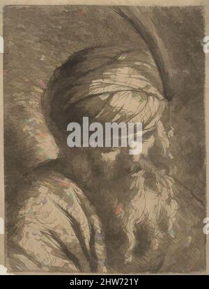 Kunst inspiriert von Büste eines Mannes in einem gefiederten Turban und langem Bart, n.d., Radierung, Drucke, Rembrandt-Kreis (Rembrandt van Rijn) (Niederländisch, Leiden 1606–1669 Amsterdam, Klassische Werke, die von Artotop mit einem Schuss Moderne modernisiert wurden. Formen, Farbe und Wert, auffällige visuelle Wirkung auf Kunst. Emotionen durch Freiheit von Kunstwerken auf zeitgemäße Weise. Eine zeitlose Botschaft, die eine wild kreative neue Richtung verfolgt. Künstler, die sich dem digitalen Medium zuwenden und die Artotop NFT erschaffen Stockfoto