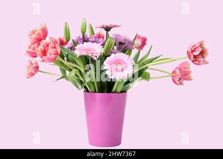 Komposition mit schönen blühenden Tulpen und Barberton Daisy (Gerbera jamesonii) Blumen auf weißem Hintergrund, rosa Farben Stockfoto