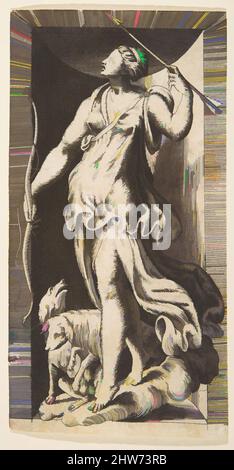 Kunst inspiriert von Diana, der Jägerin, begleitet von ihren Hunden, die in einer Nische stehen, 16. Jahrhundert, Gravur, Blatt: 6 5/8 x 3 3/8 Zoll (16,9 x 8,6 cm), Drucke, Giulio Bonasone (italienisch, aktives Rom und Bologna, 1531–nach 1576, Klassische Werke, die von Artotop mit einem Schuss Moderne modernisiert wurden. Formen, Farbe und Wert, auffällige visuelle Wirkung auf Kunst. Emotionen durch Freiheit von Kunstwerken auf zeitgemäße Weise. Eine zeitlose Botschaft, die eine wild kreative neue Richtung verfolgt. Künstler, die sich dem digitalen Medium zuwenden und die Artotop NFT erschaffen Stockfoto