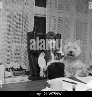 Cathy McGowan, englische Fernsehpersönlichkeit, abgebildet in ihrem Büro mit ihrem Hund, 17.. Mai 1968. Cathy McGowan (geboren 1943) ist eine britische Rundfunkanstalt und Journalistin, am besten bekannt als Moderatorin der Rockmusik-Fernsehsendung Ready Steady Go!. Stockfoto