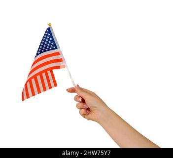 Weibliche Hand mit amerikanischer Flagge, isoliert auf weißem Hintergrund Stockfoto