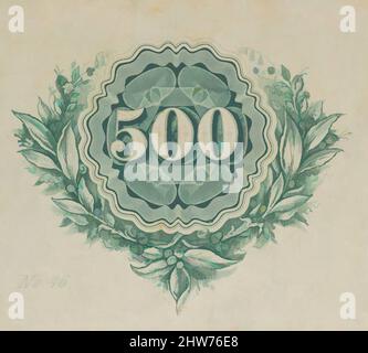 Kunst inspiriert von Banknote Motiv: Nummer 500 im Zentrum eines kreisförmigen Entwurfs aus Drehbank-Arbeit mit welligen Kanten, umgeben von einem offenen Kranz aus Blättern, Beeren und Blumen, ca. 1824–42, Gravur und Radierung, gedruckt in grüner Tinte, Platte: 2 7/16 x 3 1/4 Zoll (6,2 x 8,2 cm), Drucke, von Artotop modernisierte Klassiker mit einem Schuss Moderne. Formen, Farbe und Wert, auffällige visuelle Wirkung auf Kunst. Emotionen durch Freiheit von Kunstwerken auf zeitgemäße Weise. Eine zeitlose Botschaft, die eine wild kreative neue Richtung verfolgt. Künstler, die sich dem digitalen Medium zuwenden und die Artotop NFT erschaffen Stockfoto