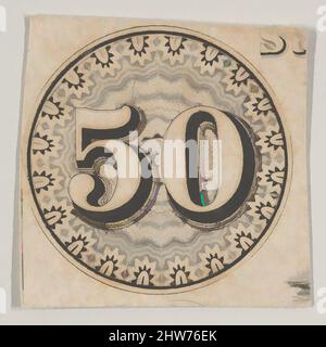 Kunst inspiriert von Banknote Motiv: Die Zahl 50 gegen eine ornamentale Drehbank Werk Rondel wie Spitze, ca. 1824–42, Gravieren, Blatt: 1 1/4 x 1 5/16 Zoll (3,2 x 3,3 cm), Druckgrafiken, die mit Cyrus Durand (Amerikaner, 1787–1868, von Artotop modernisierte klassische Werke mit einem Schuss Moderne verbunden sind. Formen, Farbe und Wert, auffällige visuelle Wirkung auf Kunst. Emotionen durch Freiheit von Kunstwerken auf zeitgemäße Weise. Eine zeitlose Botschaft, die eine wild kreative neue Richtung verfolgt. Künstler, die sich dem digitalen Medium zuwenden und die Artotop NFT erschaffen Stockfoto