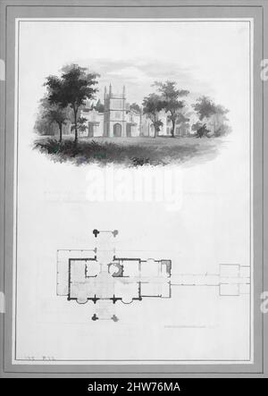 Kunst, inspiriert von Belmead', James River, Virginia, Residenz von Philip St. George Cocke (Vignette mit Blick auf den Fluss und Plan), 1845, Tinte und Aquarell, Blatt: 8 3/8 x 5 13/16 Zoll (21,2 x 14,7 cm), Zeichnungen, Alexander Jackson Davis (amerikanisch, New York 1803–1892 West Orange, New, Klassische Werke, die von Artotop mit einem Schuss Moderne modernisiert wurden. Formen, Farbe und Wert, auffällige visuelle Wirkung auf Kunst. Emotionen durch Freiheit von Kunstwerken auf zeitgemäße Weise. Eine zeitlose Botschaft, die eine wild kreative neue Richtung verfolgt. Künstler, die sich dem digitalen Medium zuwenden und die Artotop NFT erschaffen Stockfoto