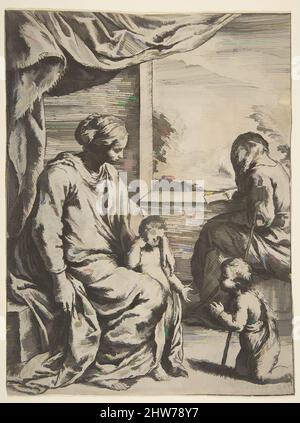 Art inspired by Holy Family with Saint John the Baptist, CA0–1660, Radierung, Blatt (beschnitten): 9 3/4 × 7 5/16 in. (24,8 × 18,6 cm), Drucke, nach Simone Cantarini (Italienisch, Pesaro 1612–1648 Verona, Klassische Werke, die von Artotop mit einem Schuss Moderne modernisiert wurden. Formen, Farbe und Wert, auffällige visuelle Wirkung auf Kunst. Emotionen durch Freiheit von Kunstwerken auf zeitgemäße Weise. Eine zeitlose Botschaft, die eine wild kreative neue Richtung verfolgt. Künstler, die sich dem digitalen Medium zuwenden und die Artotop NFT erschaffen Stockfoto