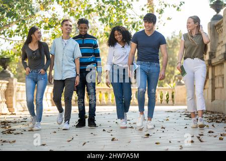 Eine Reihe junger, multirassischer Studenten, die im Freien zusammen gehen Stockfoto