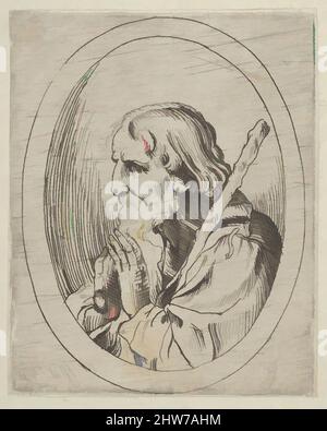 Kunst, inspiriert vom heiligen Jude im Gebet, im Profil nach links mit einem Stab, der auf seiner Schulter liegt, in einem ovalen Rahmen, von Christus, der Jungfrau und den dreizehn Aposteln, 1600–1640, Radierung, Blatt: 3 13/16 × 3 1/16 Zoll (9,7 × 7,8 cm), Drucke, Anonym, 17. Jahrhundert, nach Guido Reni (, Klassische Werke, die von Artotop mit einem Schuss Moderne modernisiert wurden. Formen, Farbe und Wert, auffällige visuelle Wirkung auf Kunst. Emotionen durch Freiheit von Kunstwerken auf zeitgemäße Weise. Eine zeitlose Botschaft, die eine wild kreative neue Richtung verfolgt. Künstler, die sich dem digitalen Medium zuwenden und die Artotop NFT erschaffen Stockfoto