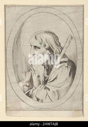 Kunst, inspiriert vom heiligen Jude im Gebet, im Profil nach links mit einem Stab, der auf seiner Schulter liegt, in einem ovalen Rahmen, von Christus, der Jungfrau und den dreizehn Aposteln, 1600–1640, Radierung, Blatt: 4 1/8 × 2 15/16 Zoll (10,5 × 7,5 cm), Drucke, Anonym, 17. Jahrhundert, nach Guido Reni (, Klassische Werke, die von Artotop mit einem Schuss Moderne modernisiert wurden. Formen, Farbe und Wert, auffällige visuelle Wirkung auf Kunst. Emotionen durch Freiheit von Kunstwerken auf zeitgemäße Weise. Eine zeitlose Botschaft, die eine wild kreative neue Richtung verfolgt. Künstler, die sich dem digitalen Medium zuwenden und die Artotop NFT erschaffen Stockfoto